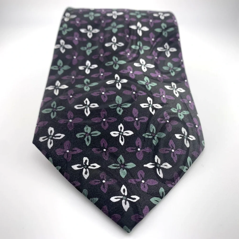 Christian Dior Monsieur Mens Tie Black & Purple Floral Pattern 100% Silk Necktie